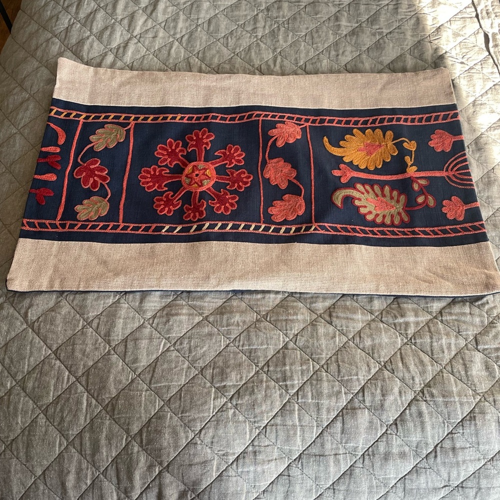 Pottery Barn Embroidered 16x26 Lumbar Pillow with Floral Design